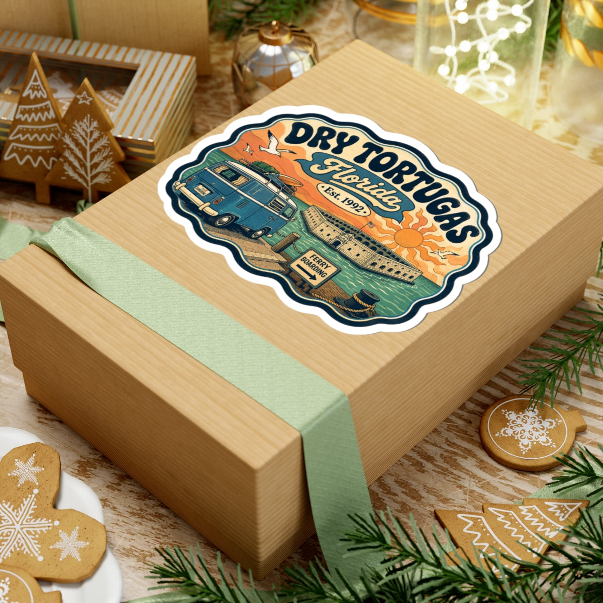 Dry Tortugas National Park sticker on gift box: teal van, fort, ferry boarding sign, sunset scene