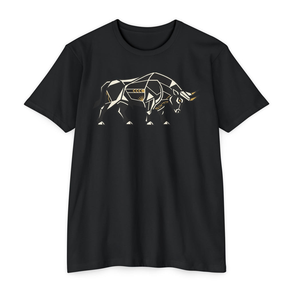 Black T-shirt with geometric charging bull graphic, crew neck, short sleeves