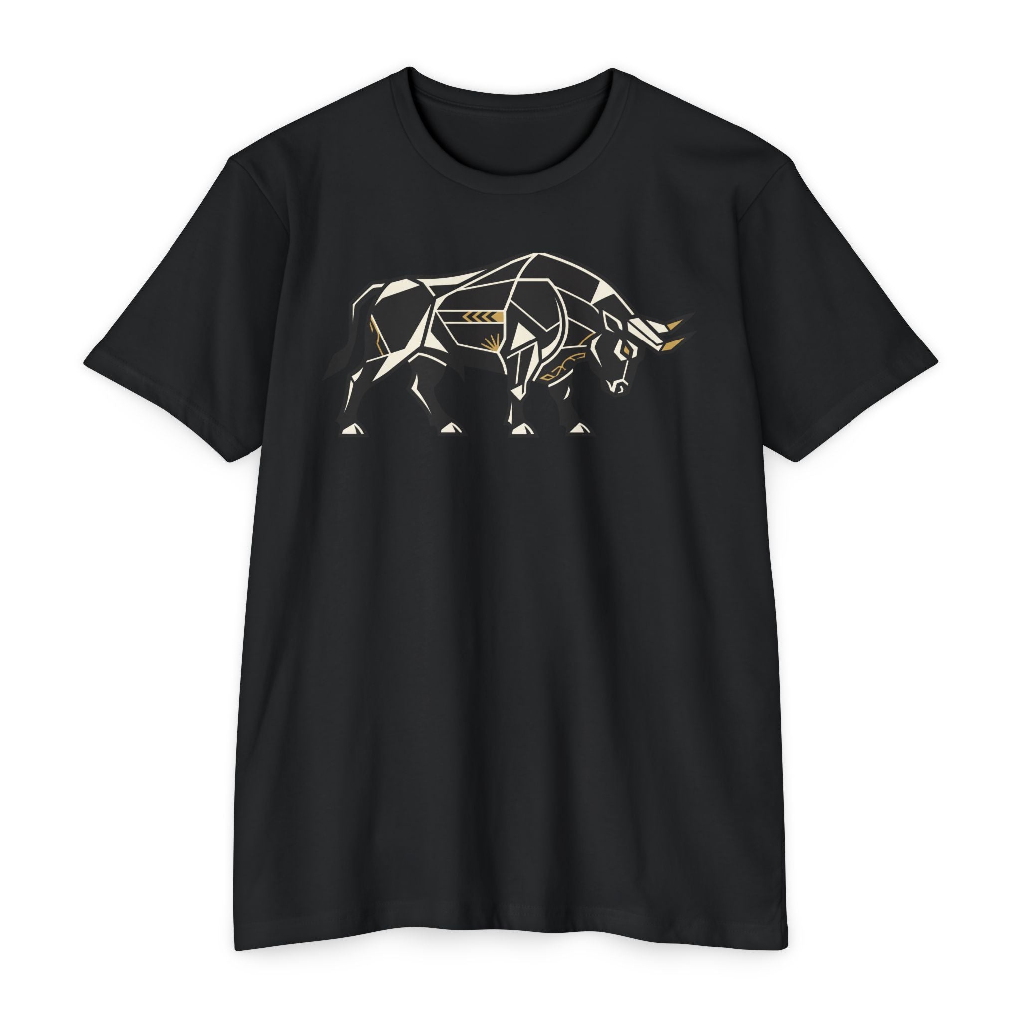 Black T-shirt with geometric charging bull graphic, crew neck, short sleeves
