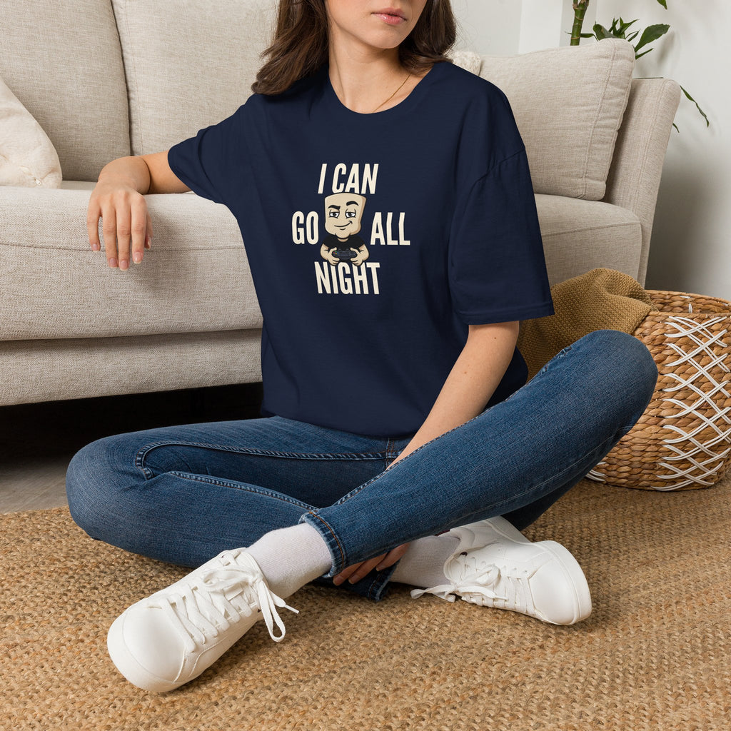 Navy T-shirt with front gamer graphic, worn by seated person