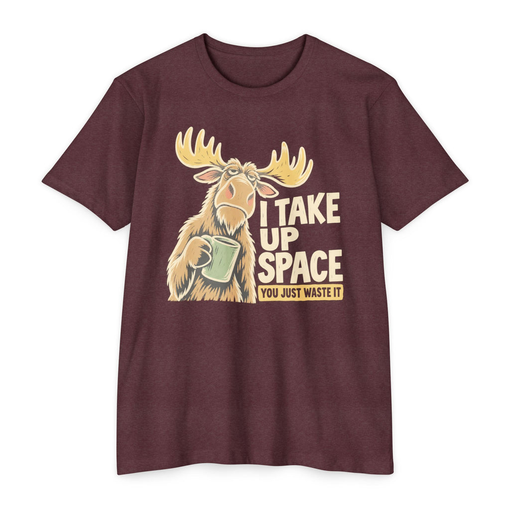 Burgundy crew-neck T-shirt with moose graphic and stacked slogan text on front