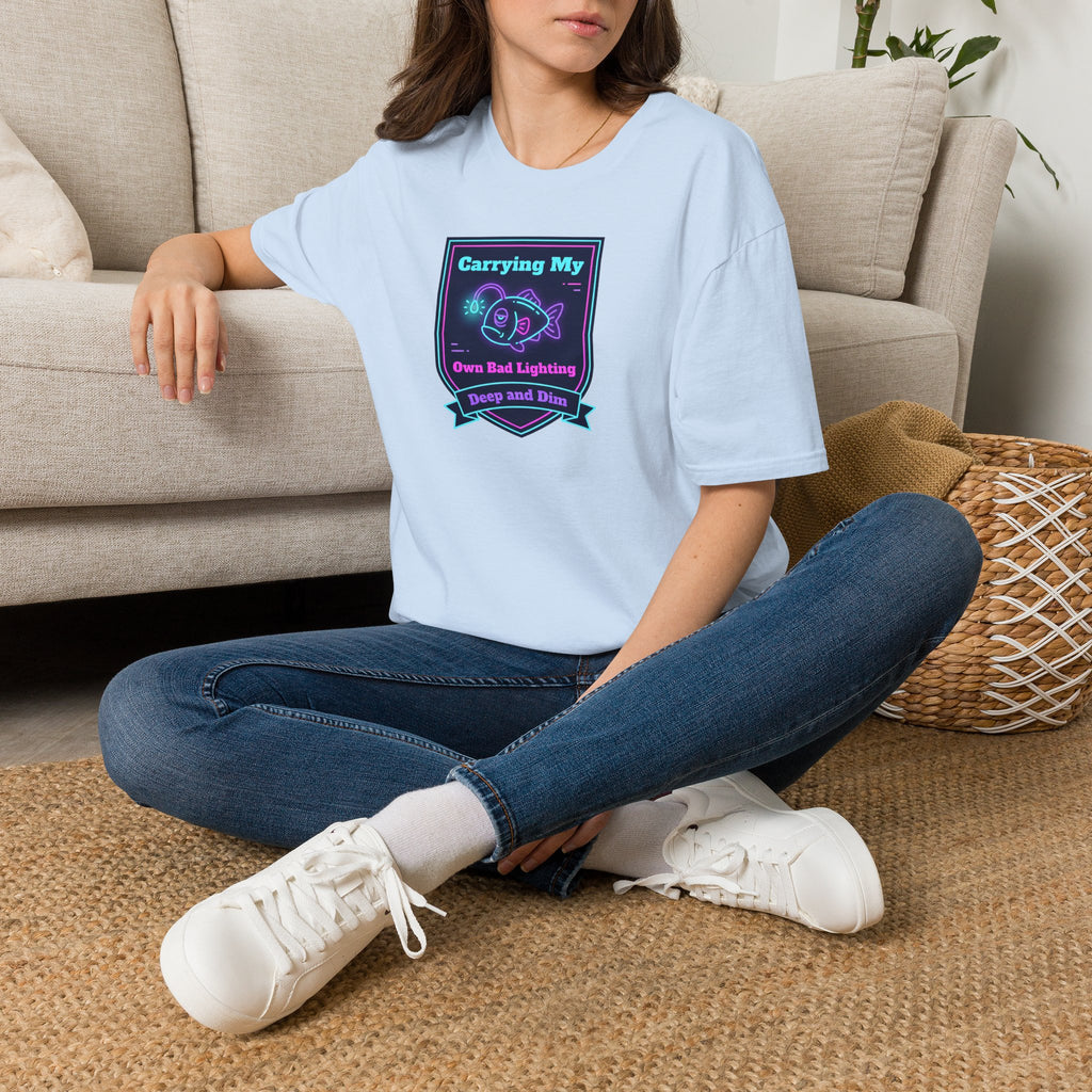 Light blue crewneck T-shirt with neon anglerfish graphic on chest