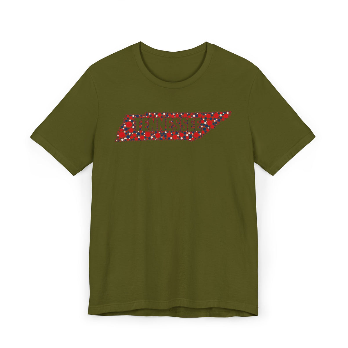 Olive green t-shirt with colorful floral Tennessee state outline graphic across chest
