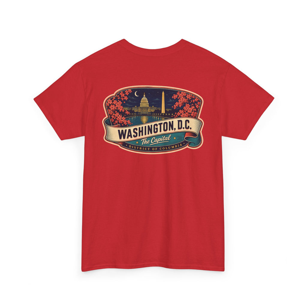 Red T-shirt with large Washington, D.C. landmark badge graphic across the chest