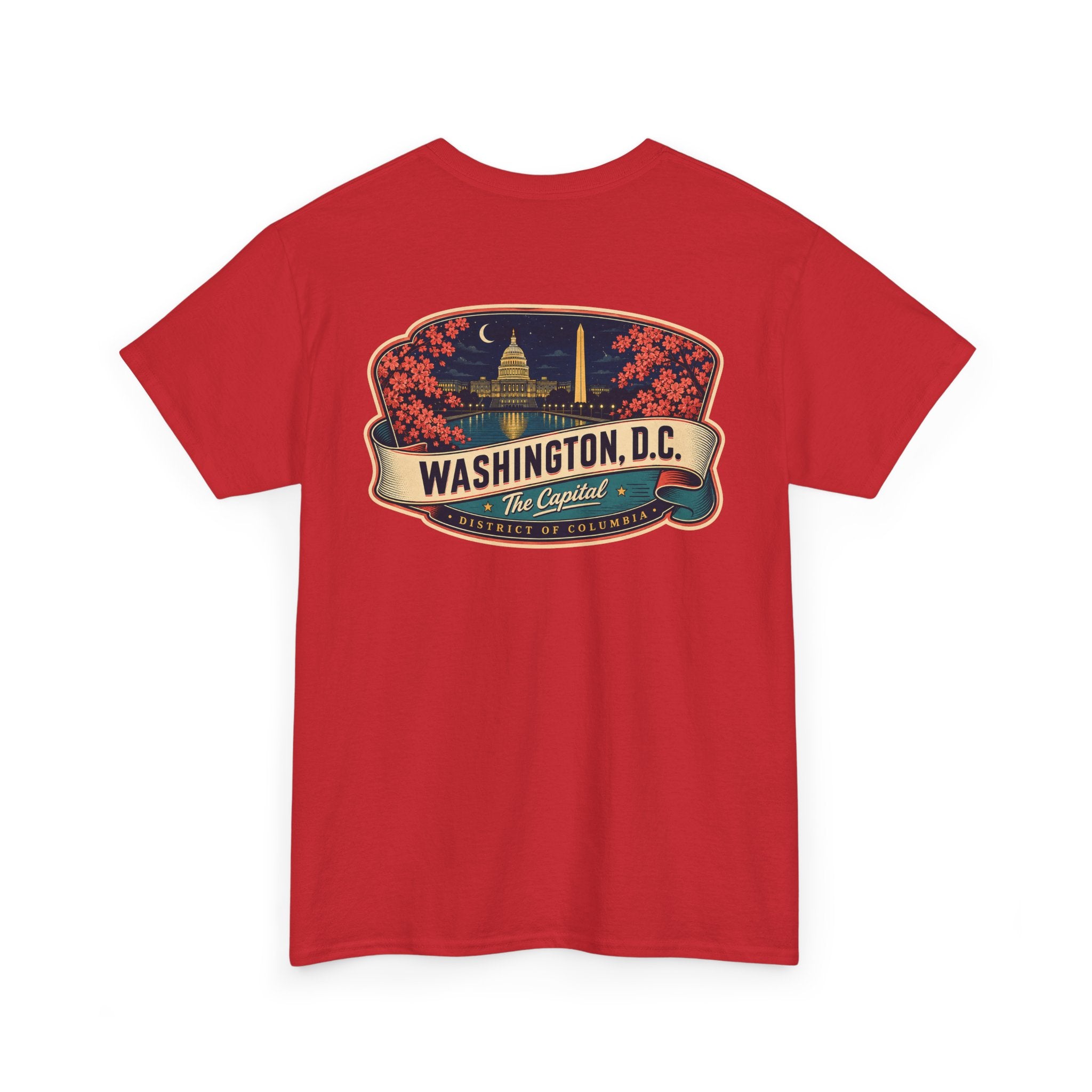 Red T-shirt with large Washington, D.C. landmark badge graphic across the chest
