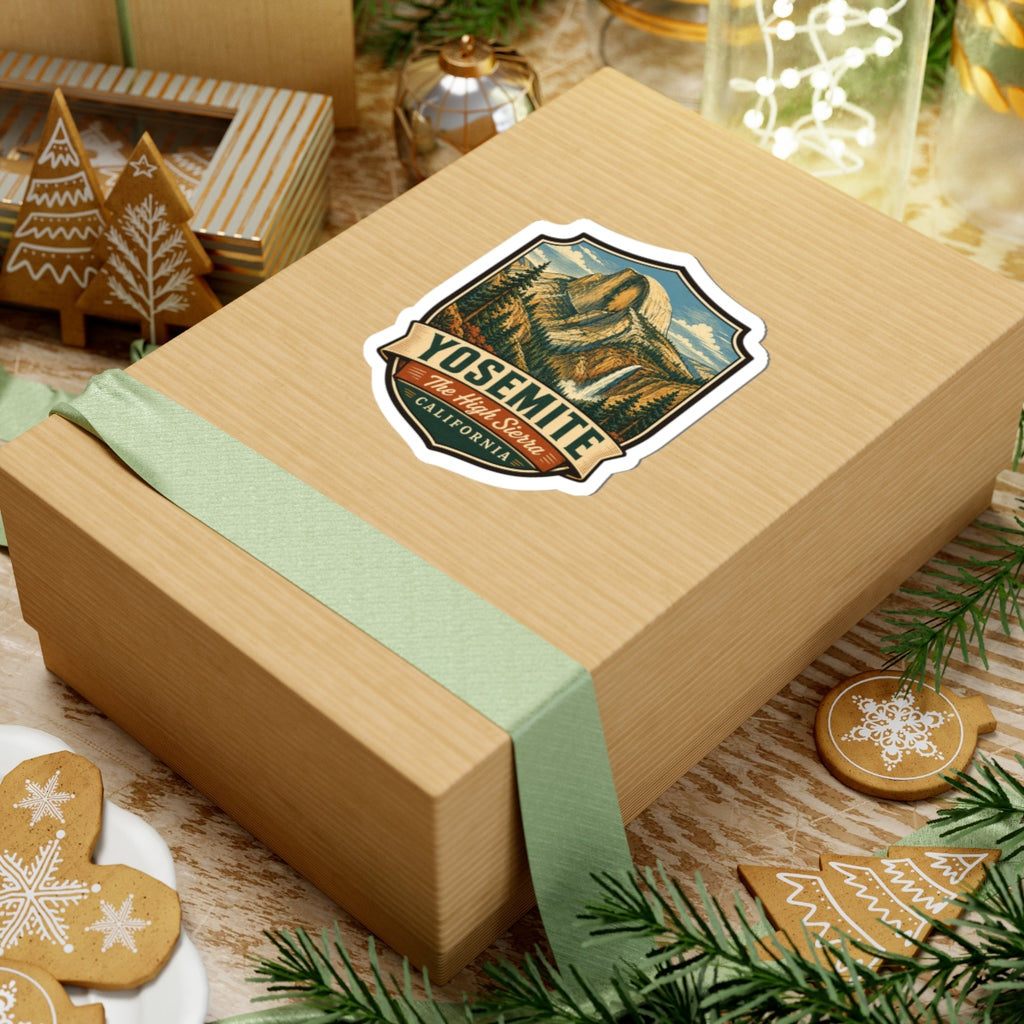 Yosemite sticker on gift box with green ribbon, Half Dome shield design