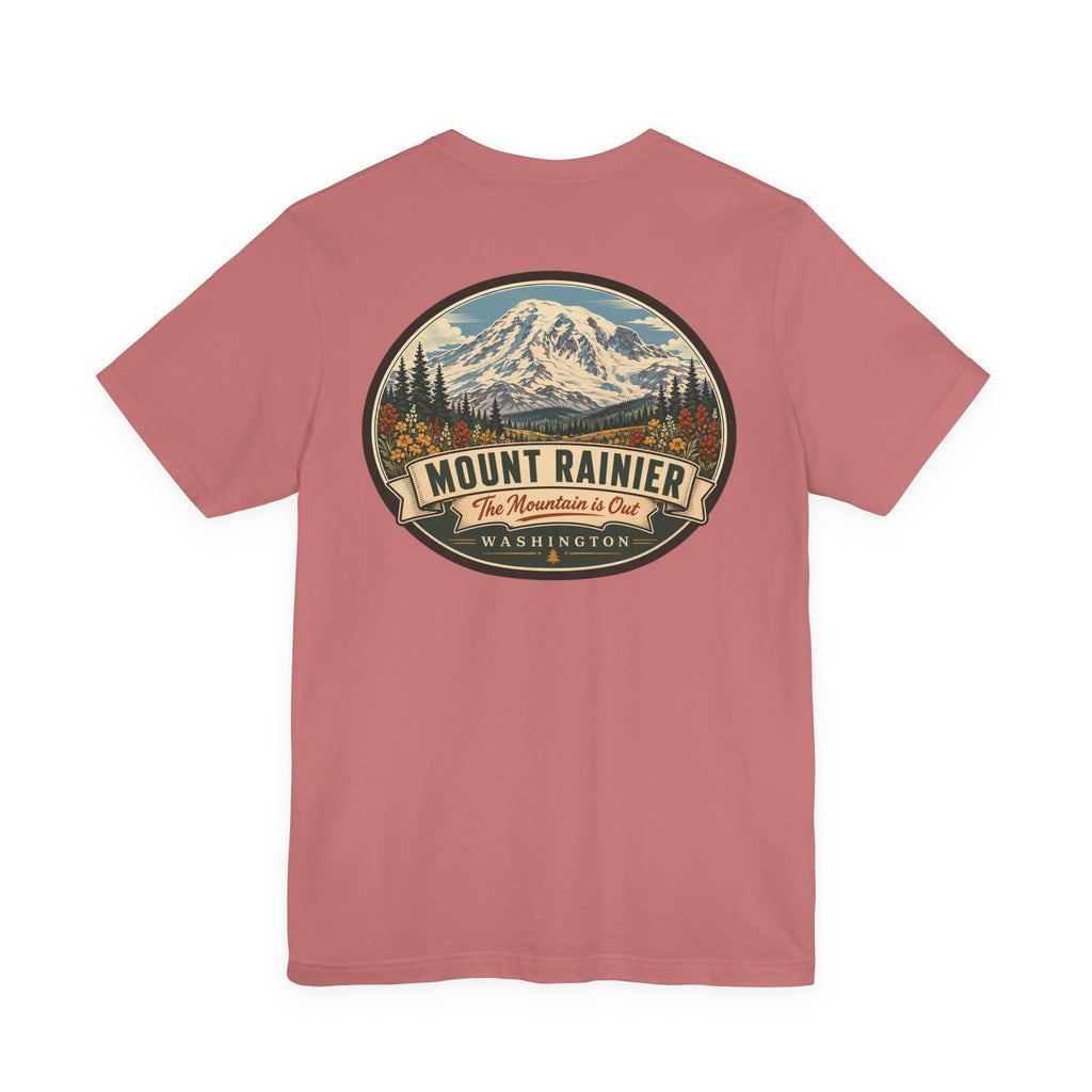 Rose crewneck T-shirt with large oval Mount Rainier graphic on chest