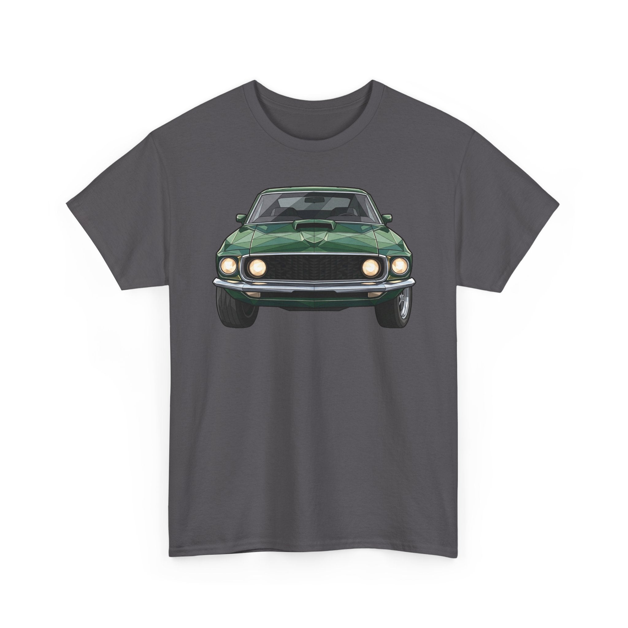Charcoal T-shirt with vintage green muscle car front and headlights graphic
