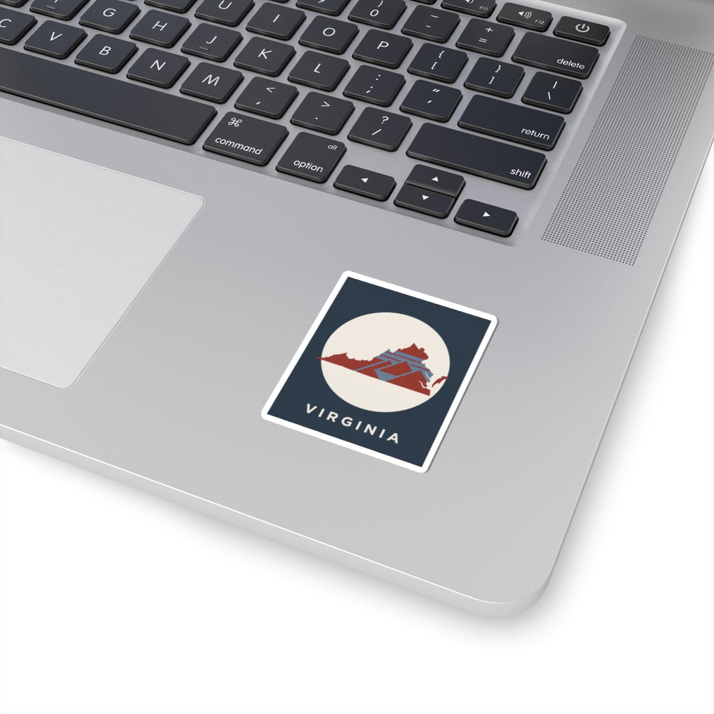 Square Virginia state map sticker with navy border and retro geometric illustration