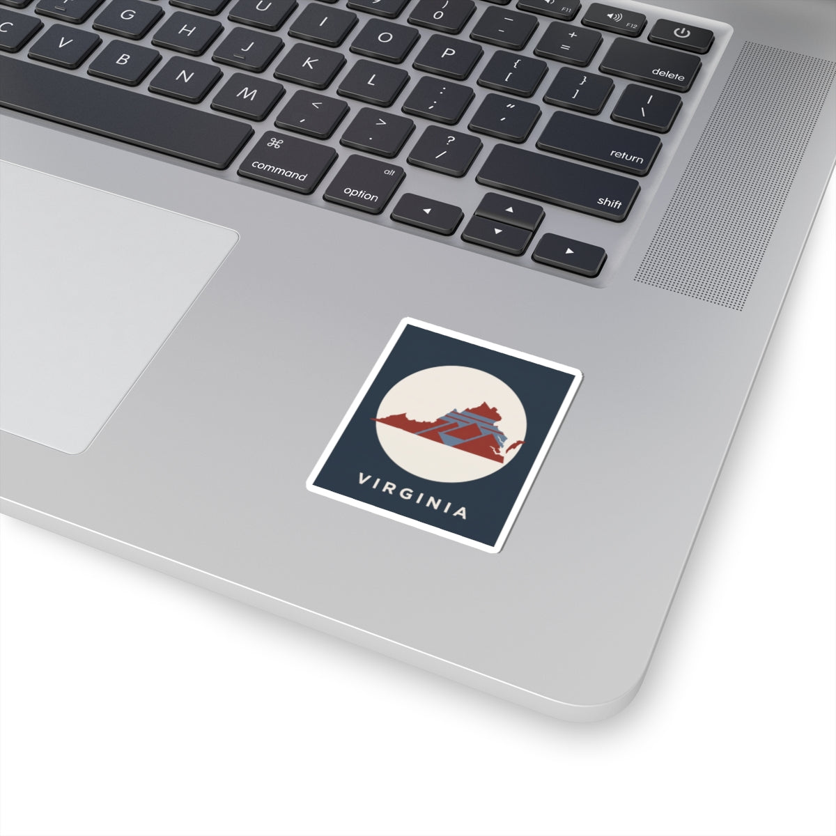 Square Virginia state map sticker with navy border and retro geometric illustration