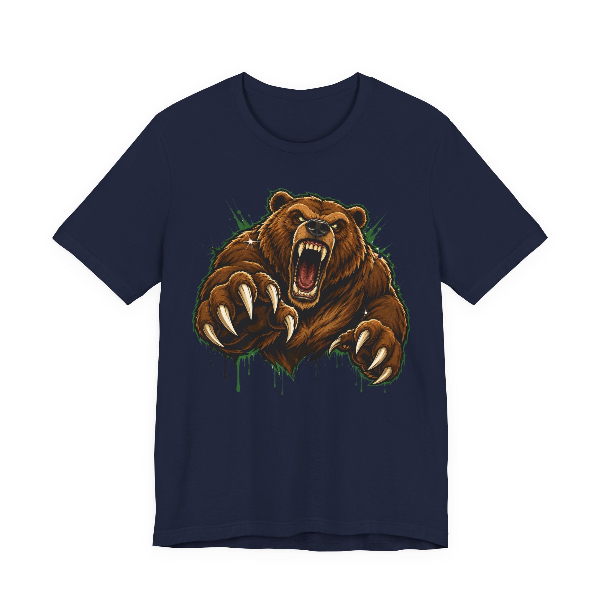 Navy unisex tee with roaring grizzly bear graphic and claw splash detail