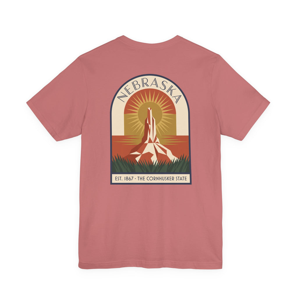 Nebraska art deco T-shirt, mauve with Cornhusker sunrise graphic