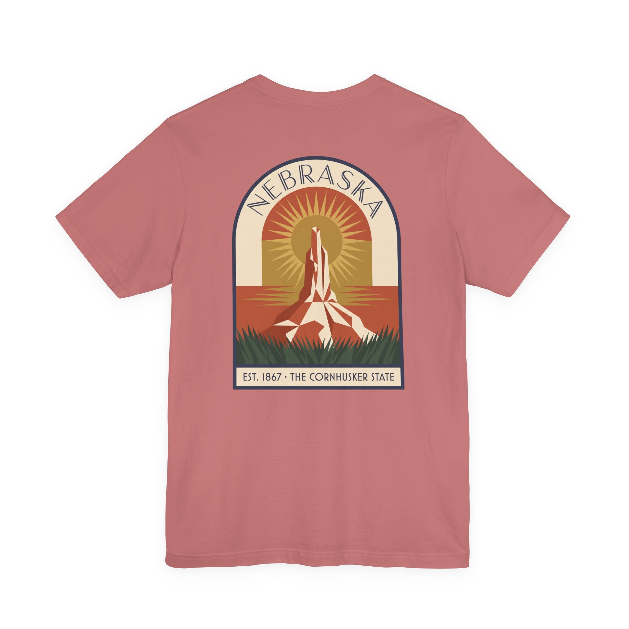 Nebraska art deco T-shirt, mauve with Cornhusker sunrise graphic