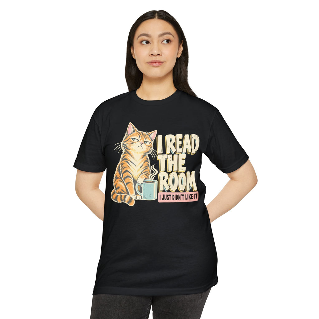 Black crewneck T-shirt with orange tabby cat holding mug graphic on the front
