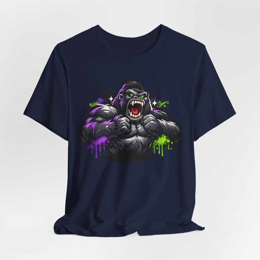 Navy crewneck T-shirt featuring a roaring gorilla graphic with neon purple accents