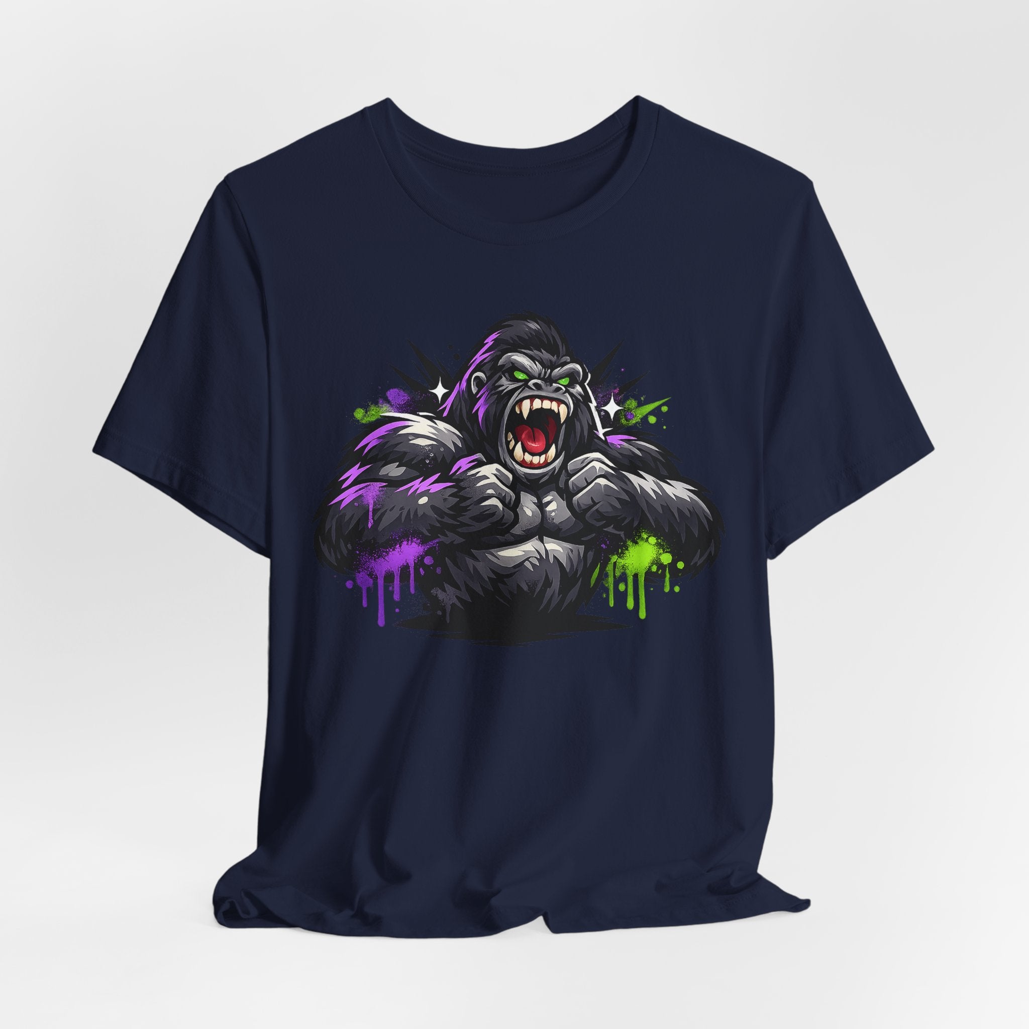 Navy crewneck T-shirt featuring a roaring gorilla graphic with neon purple accents