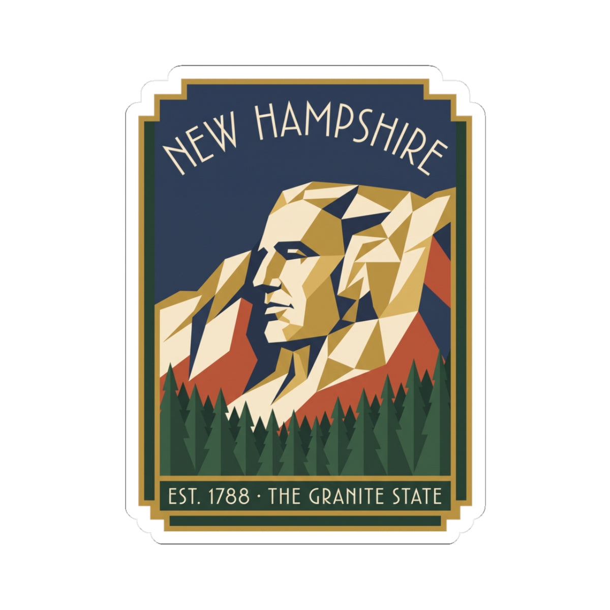 Kiss-cut vinyl sticker with New Hampshire polygon mountain portrait and granite state text