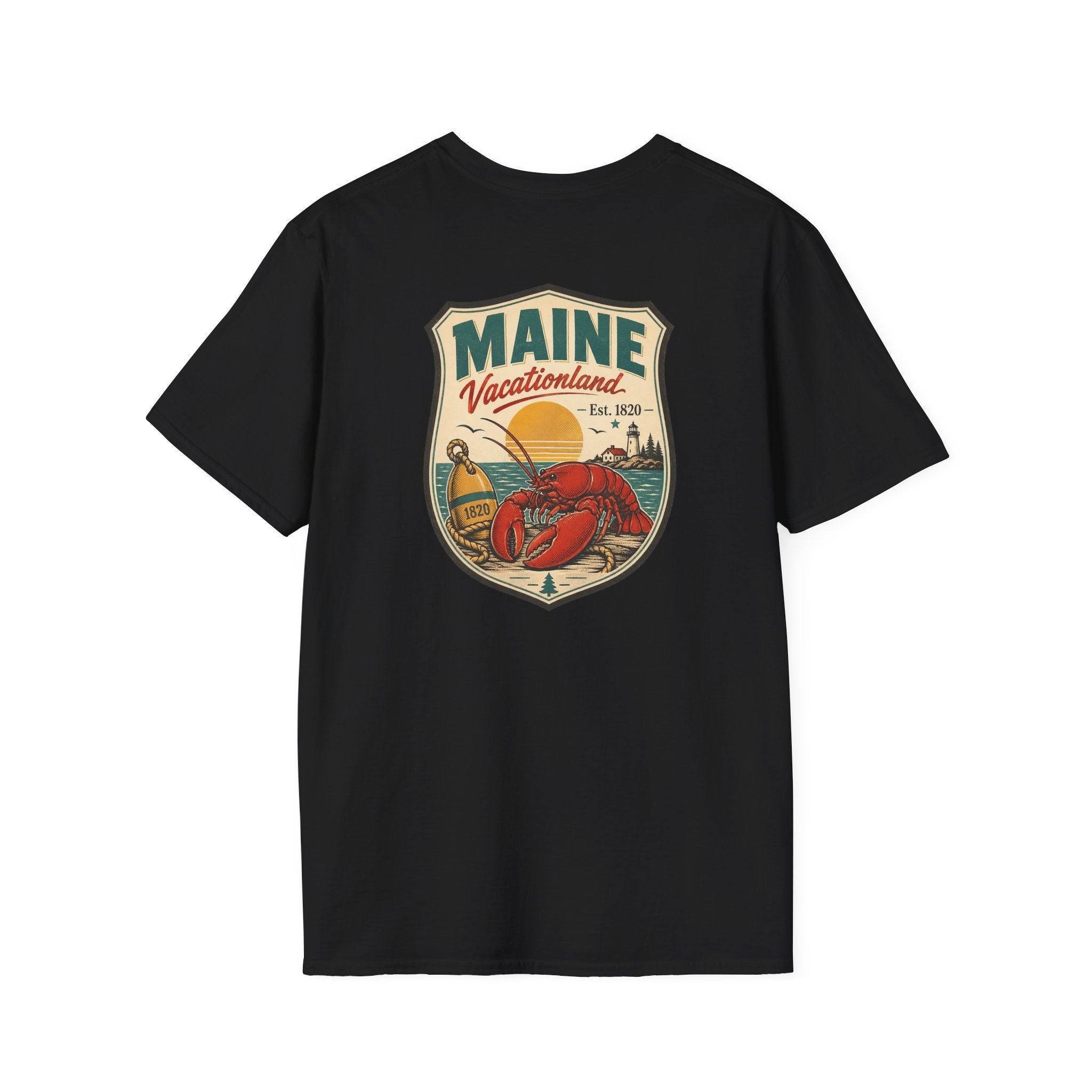 Black Maine graphic T-shirt with shield logo and lobster artwork on chest