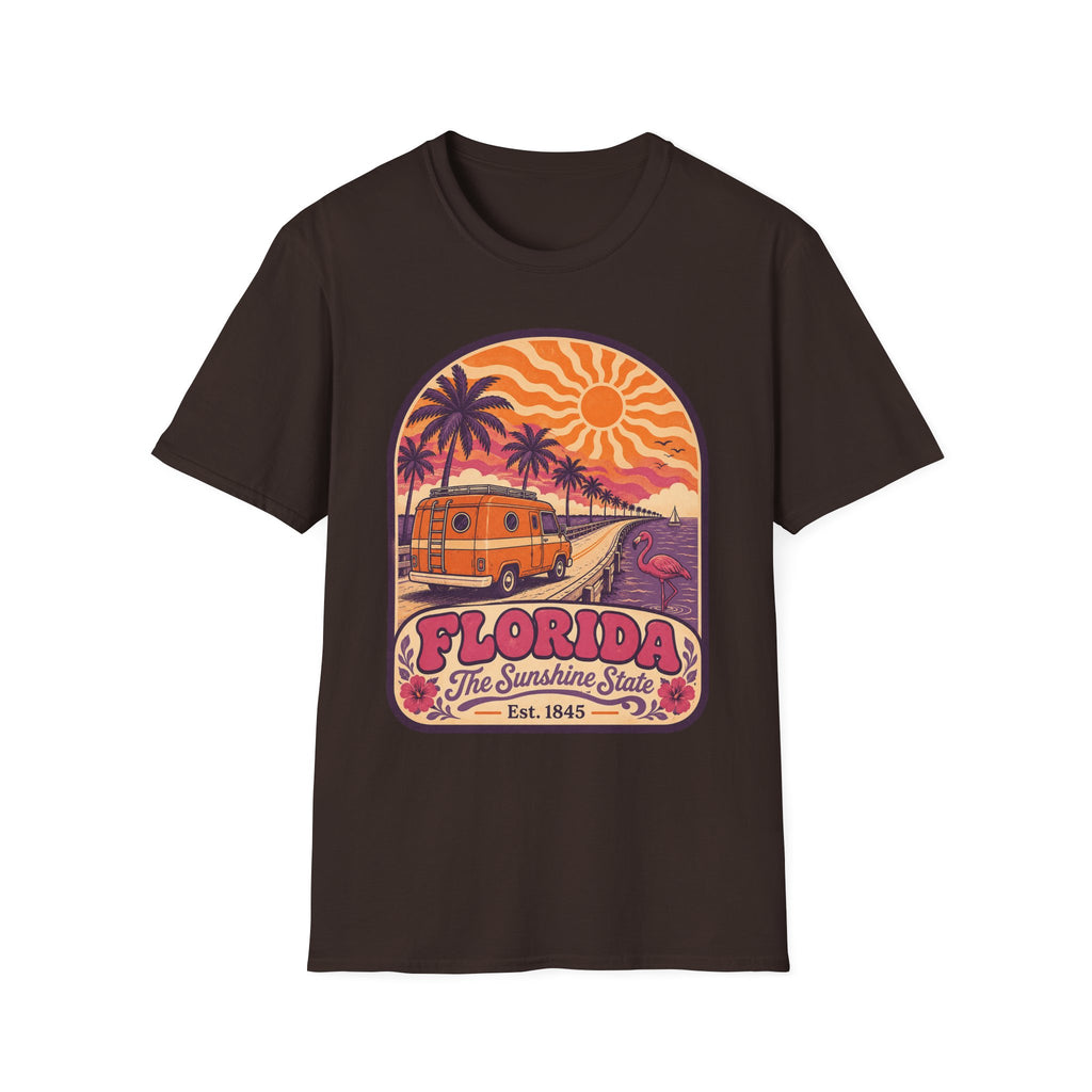Unisex graphic t-shirt in dark brown with Florida palm sunset camper print on chest