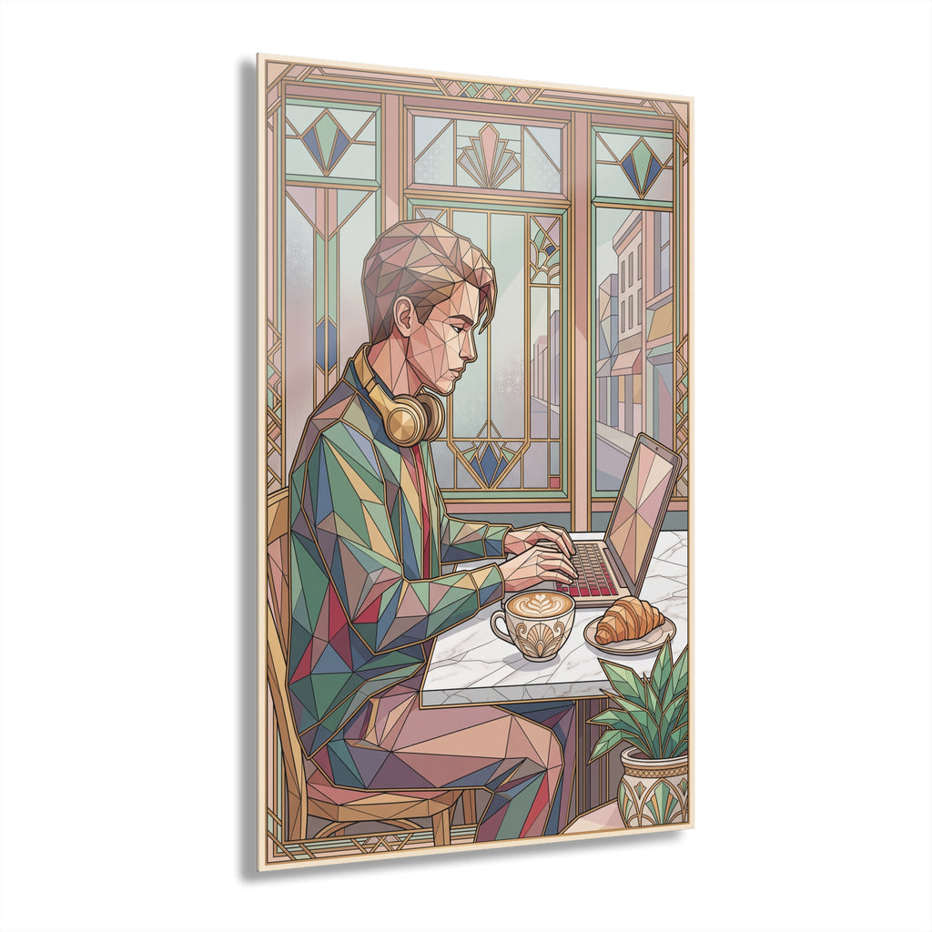 Geometric acrylic wall art featuring a woman typing at a laptop with a coffee cup
