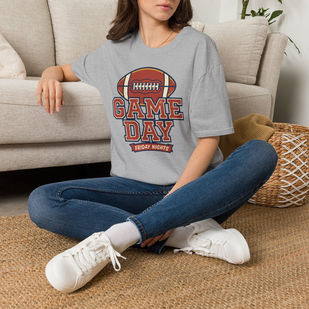 Gray football fan T-shirt with “GAME DAY” football graphic worn by a person