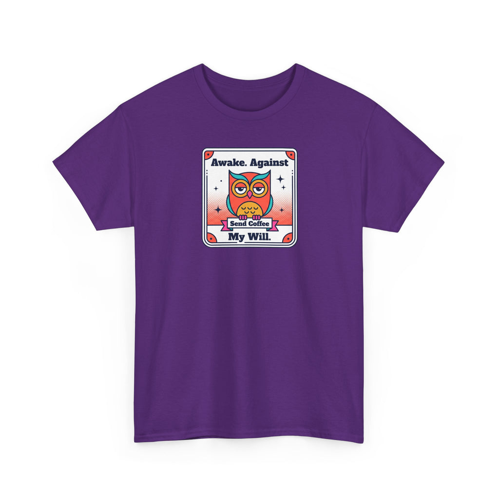 Purple crew-neck T-shirt with colorful owl coffee graphic on the front.