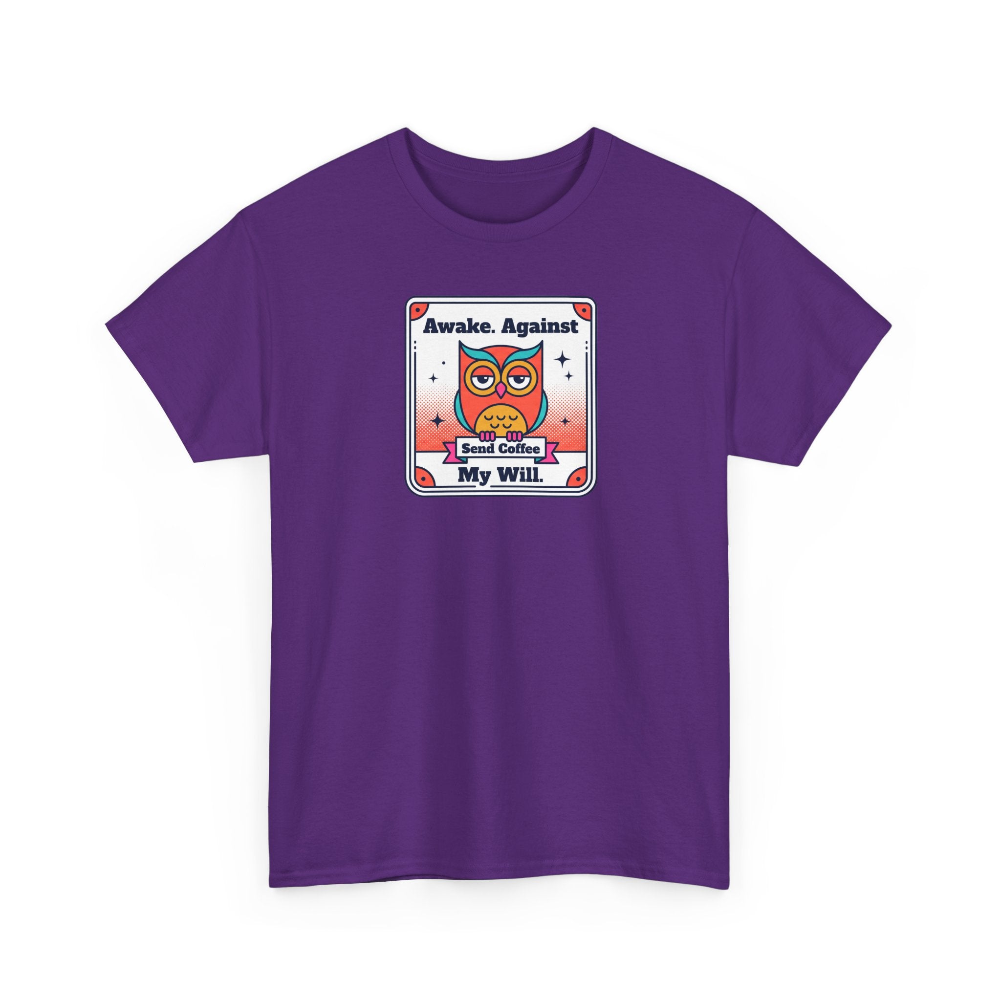 Purple crew-neck T-shirt with colorful owl coffee graphic on the front.