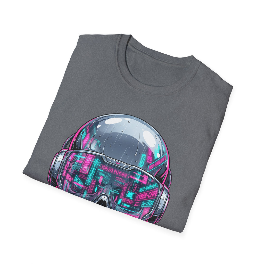 Dark heather grey cyberpunk skull visor T-shirt with neon chest graphic