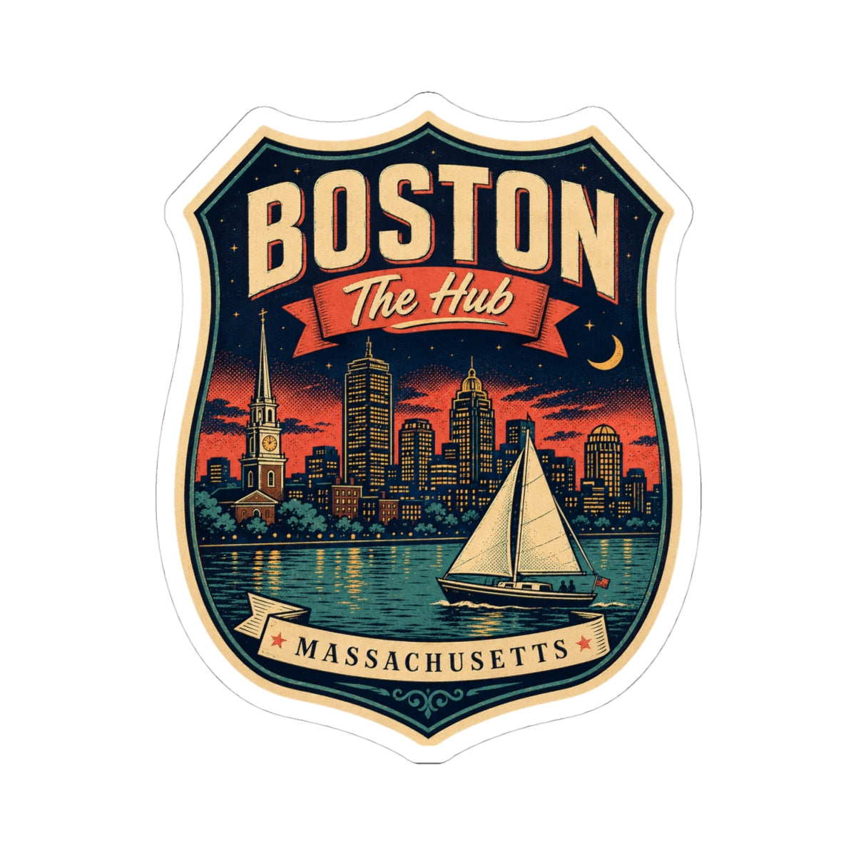 Boston “The Hub” luggage tag sticker, shield design with sailboat and city skyline