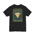 Black T-shirt with Arkansas diamond art deco graphic, Est. 1836