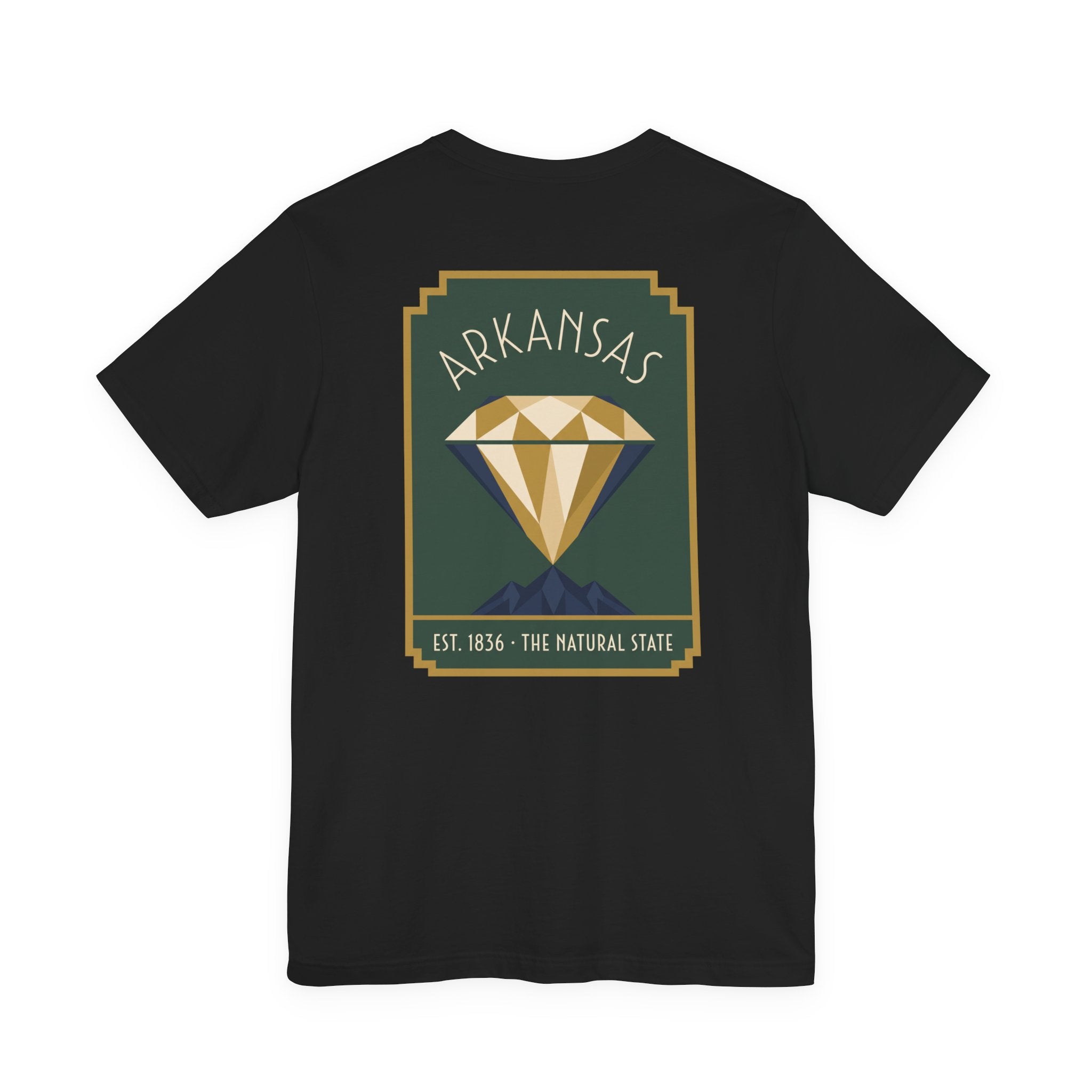 Black T-shirt with Arkansas diamond art deco graphic, Est. 1836