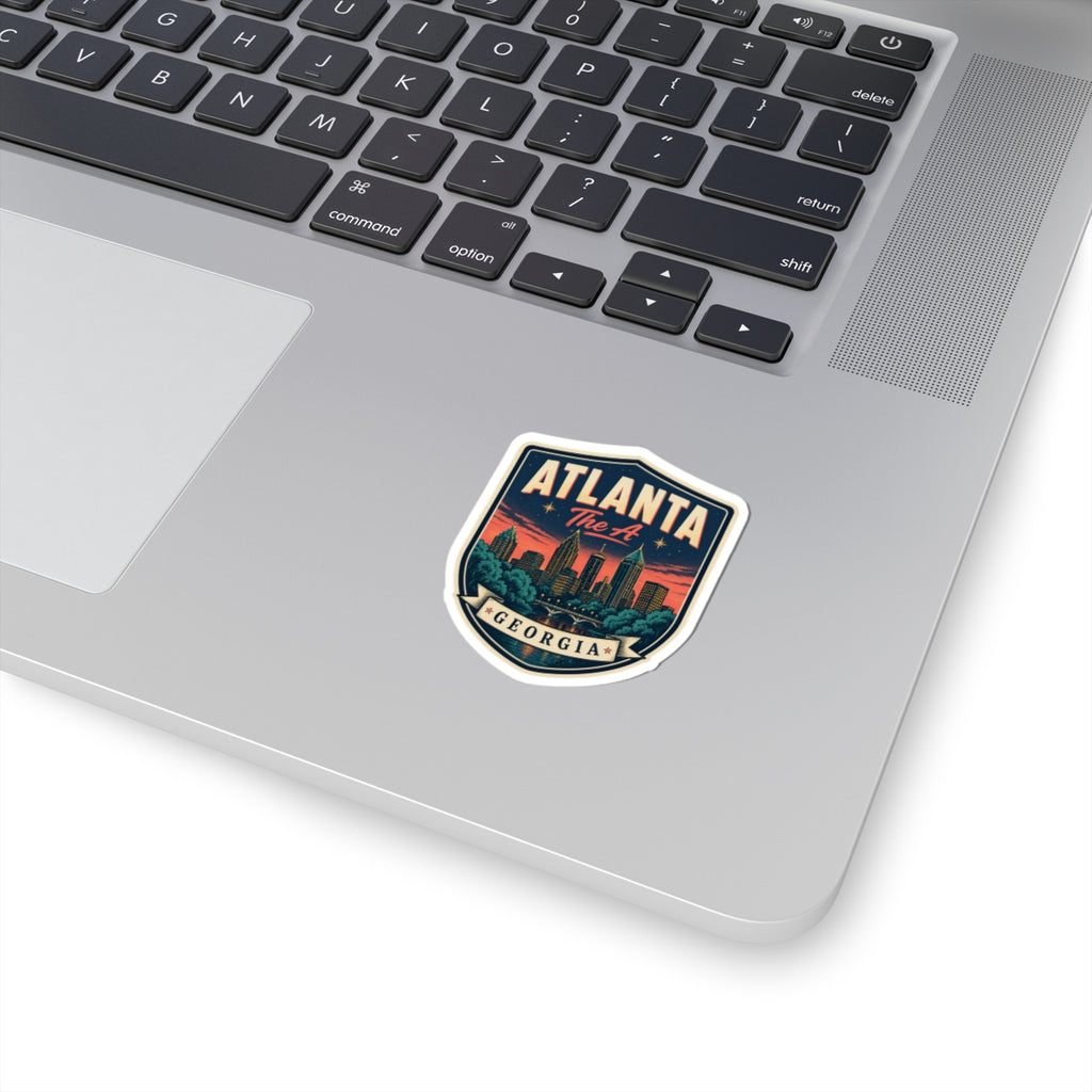 Atlanta luggage tag sticker, shield badge design with colorful city skyline and Georgia text