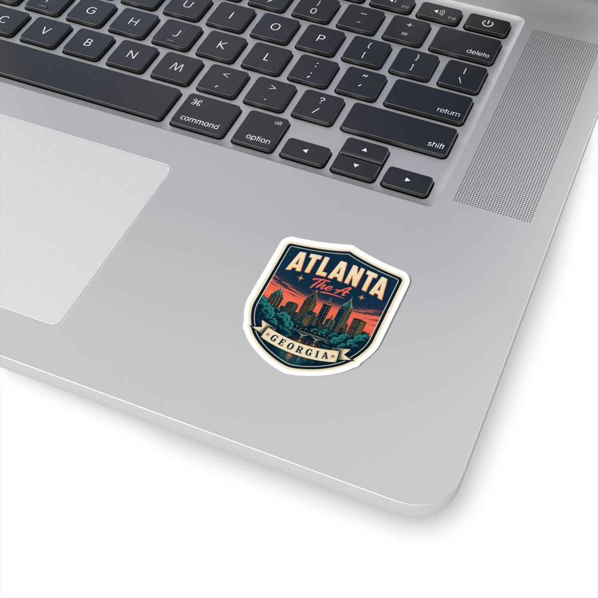 Atlanta luggage tag sticker, shield badge design with colorful city skyline and Georgia text