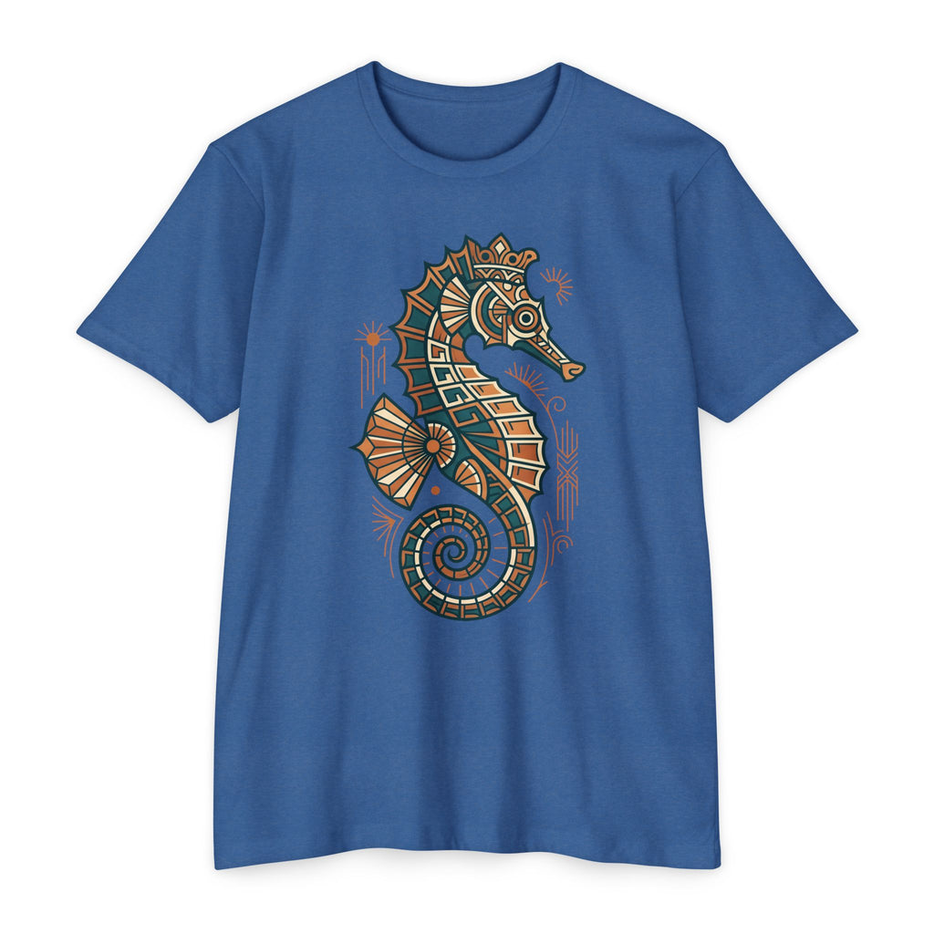 Unisex medium blue T-shirt with colorful seahorse mosaic graphic on front