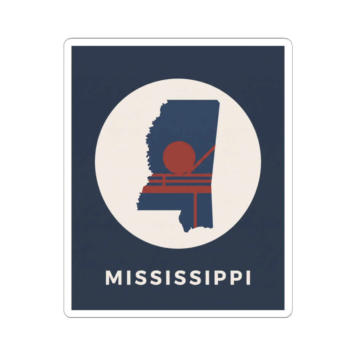 Navy square sticker with white circle showing Mississippi shape, red sun, and vintage stripes