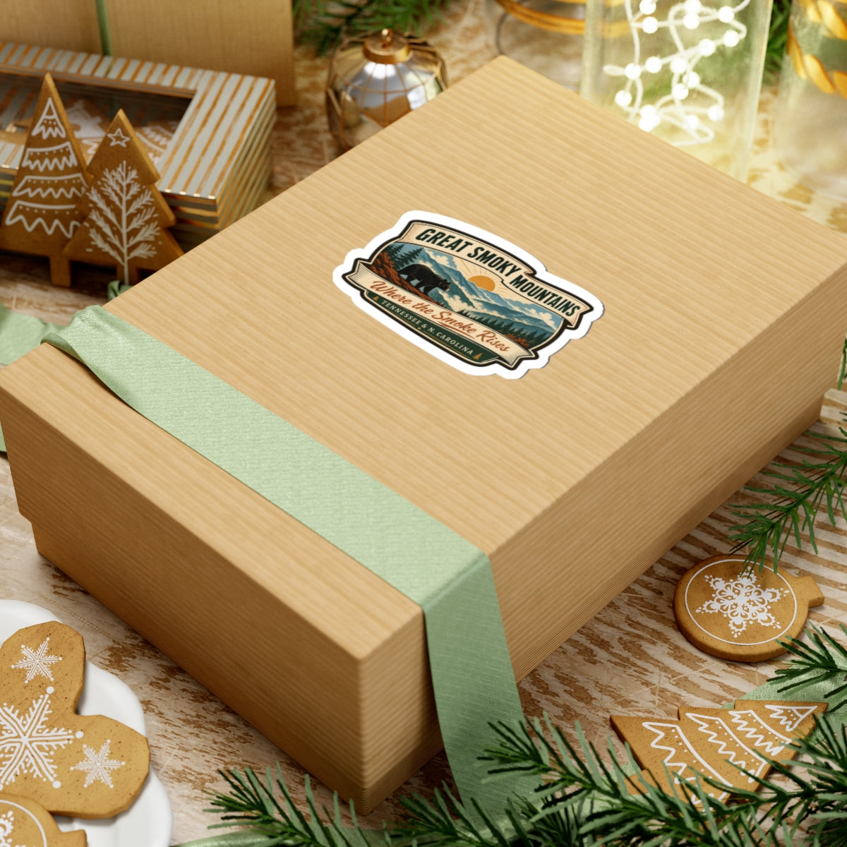 Great Smoky Mountains travel sticker on a gift box, vintage bear-and-mountains badge; “Where the Smoke Rises”