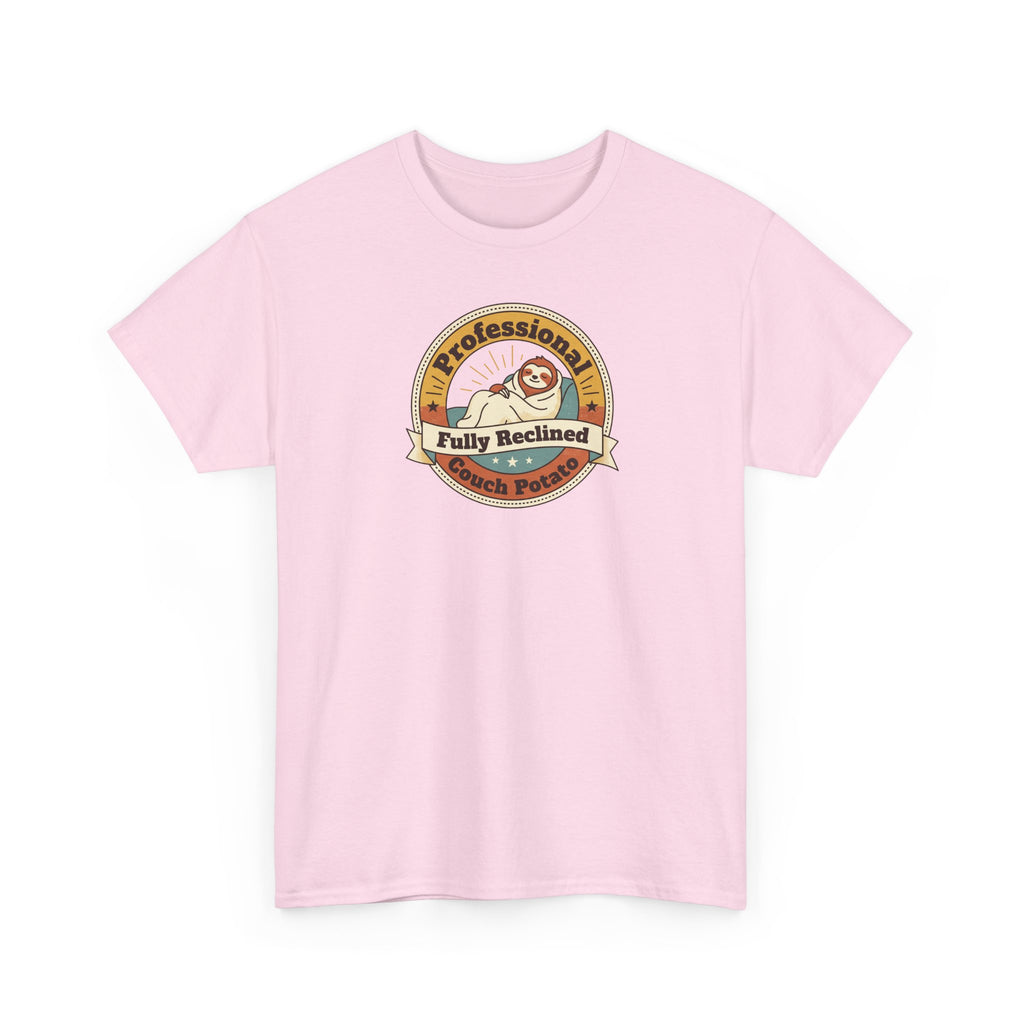 Light pink crewneck T-shirt with circular sloth badge graphic on front.