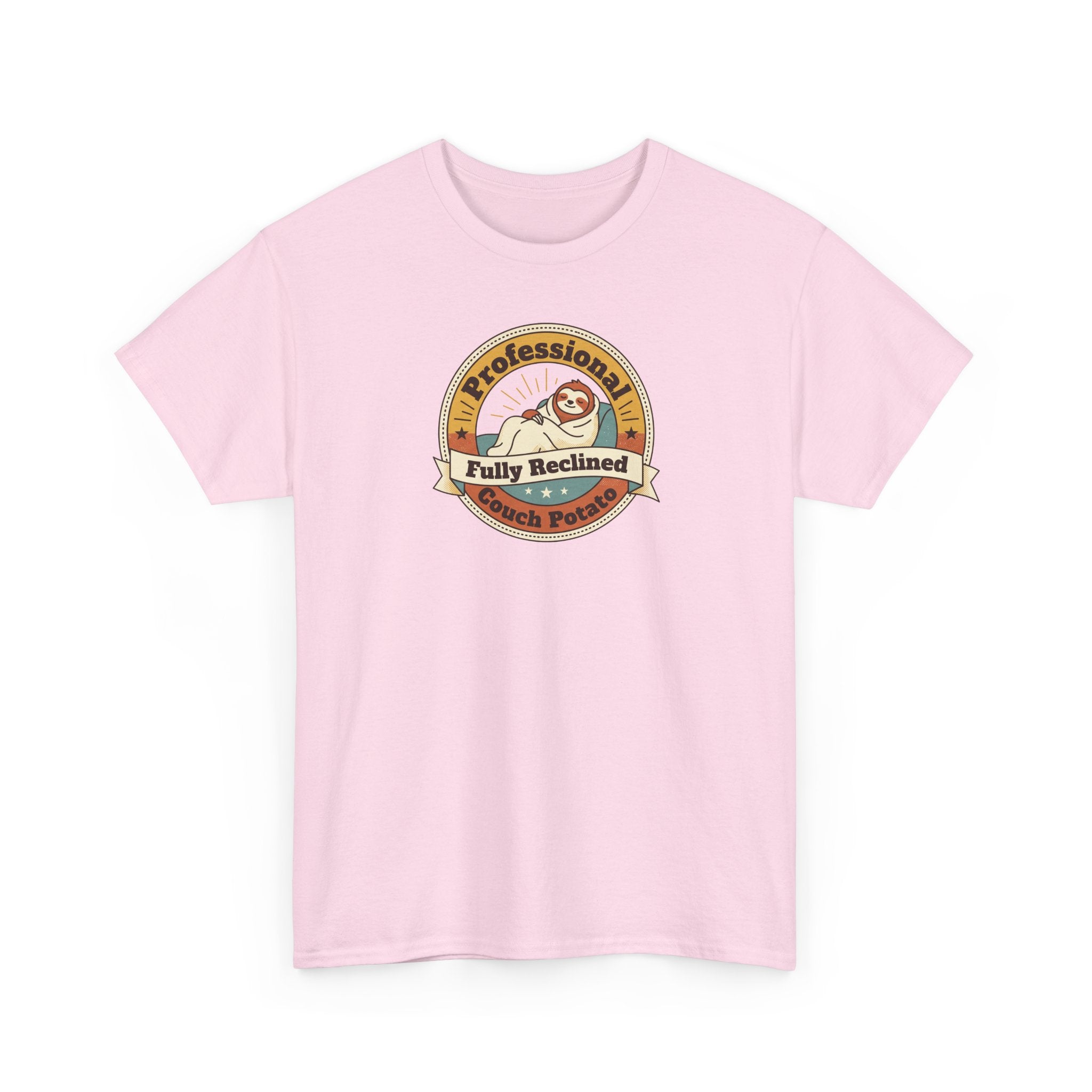 Light pink crewneck T-shirt with circular sloth badge graphic on front.