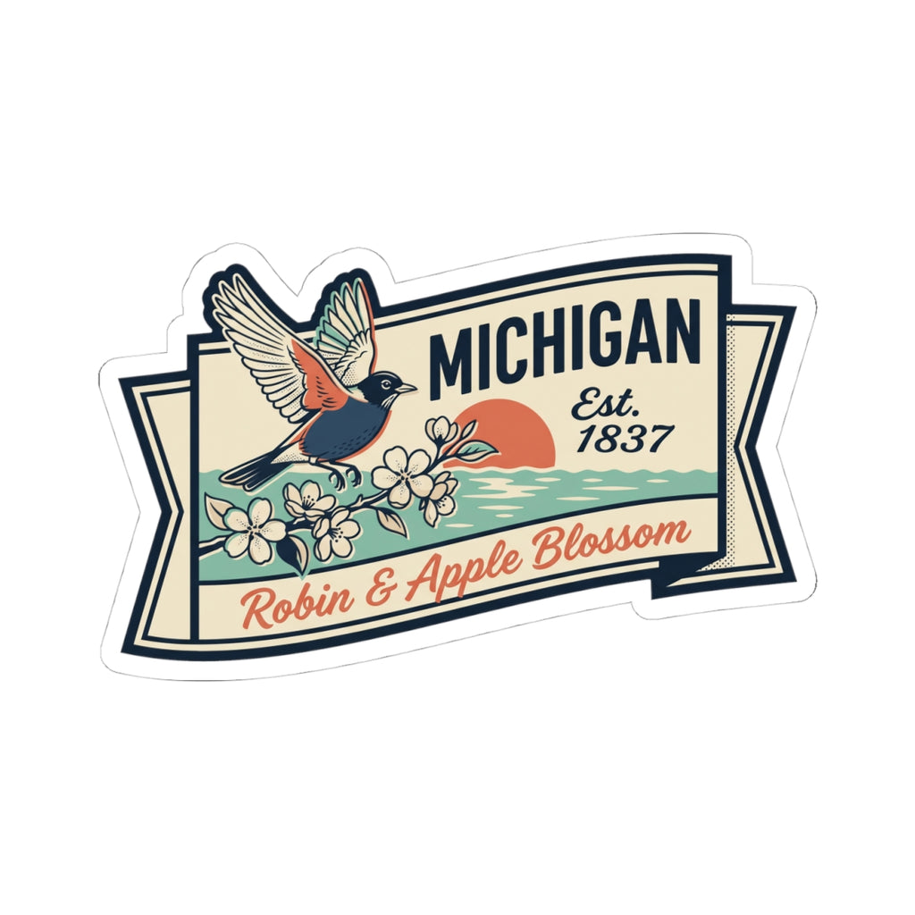 Michigan ribbon-style badge sticker featuring a robin bird, apple blossoms, and “Est. 1837”