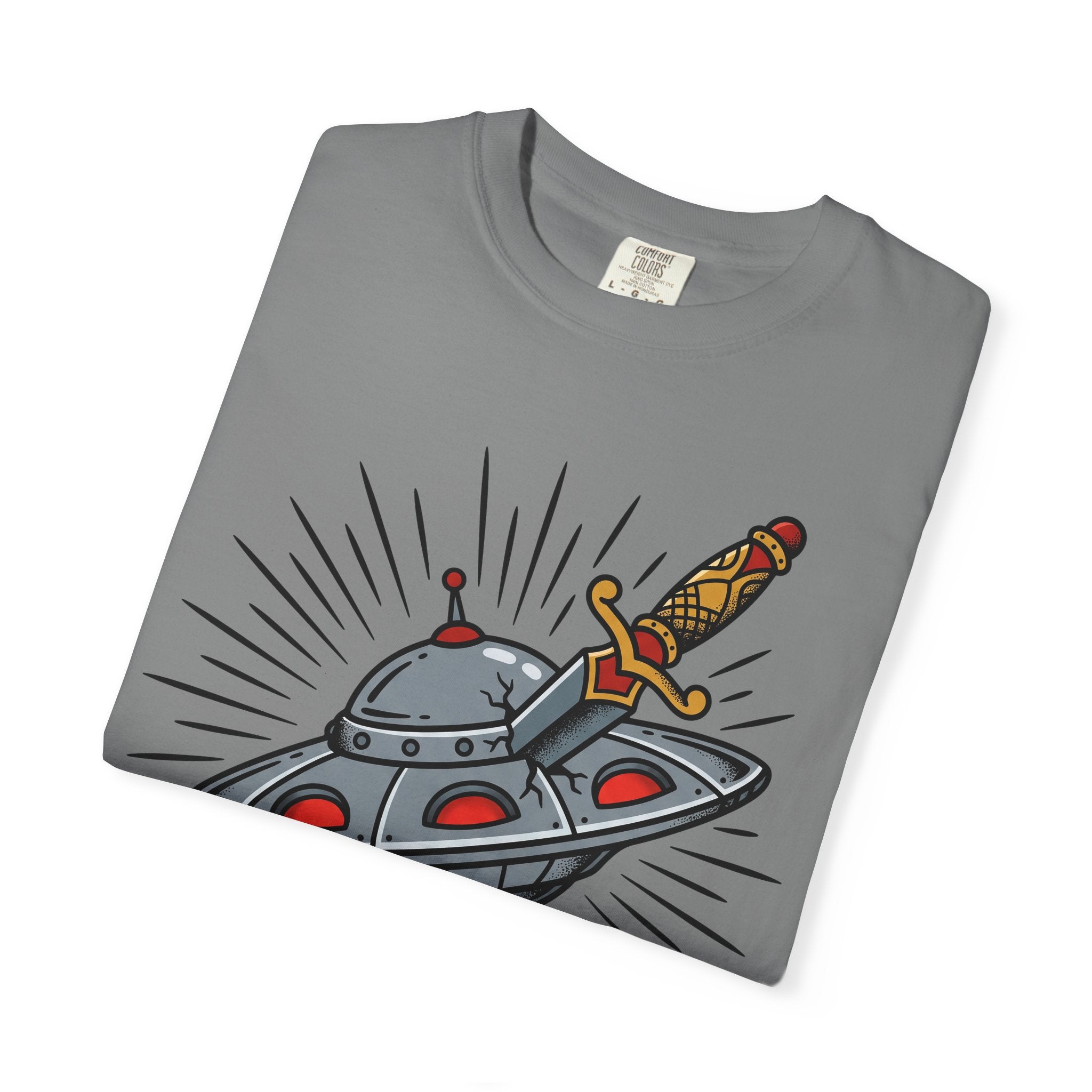 Dark gray T-shirt with cartoon UFO and dagger illustration across the front