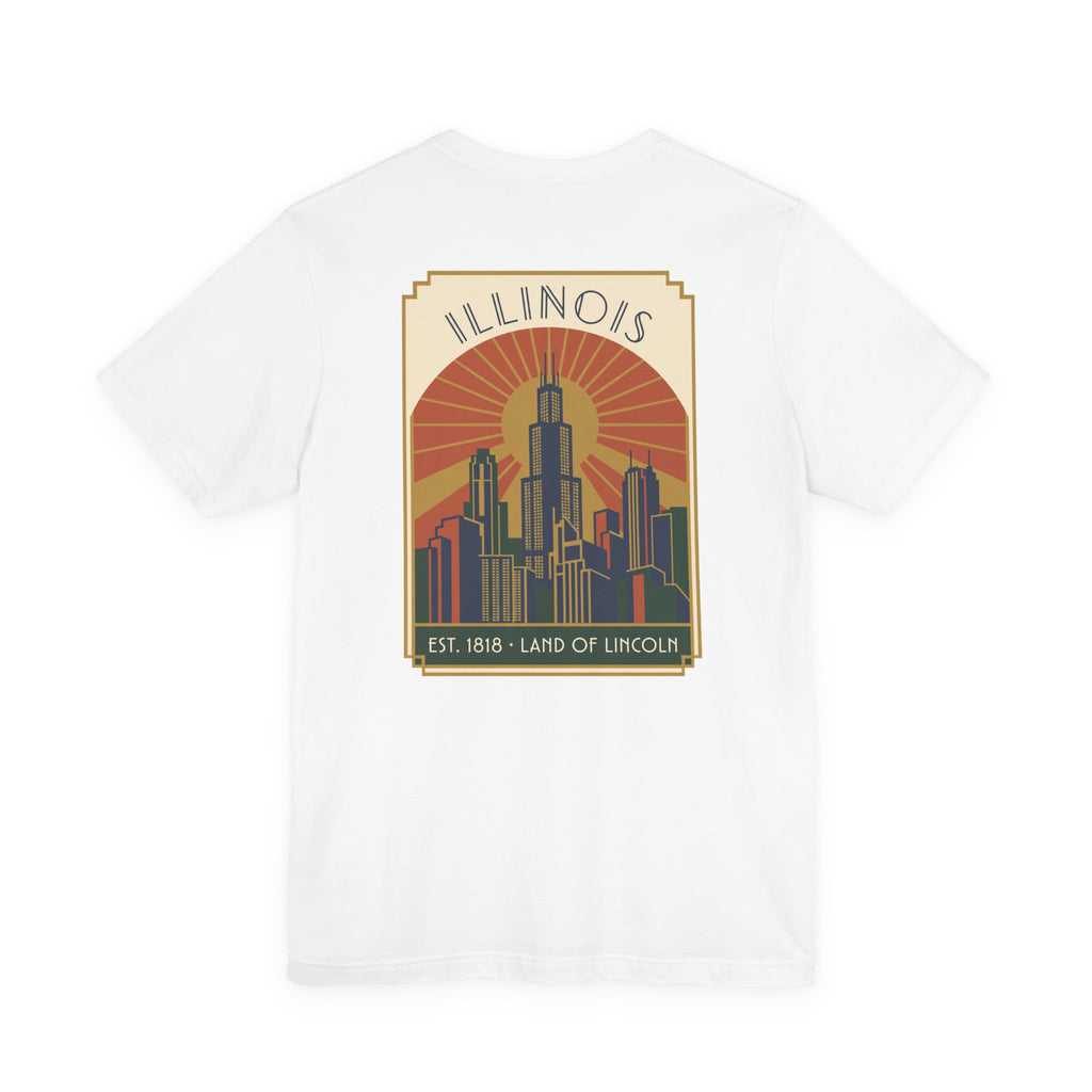 White art deco T-shirt with Illinois skyline graphic and retro sunset badge