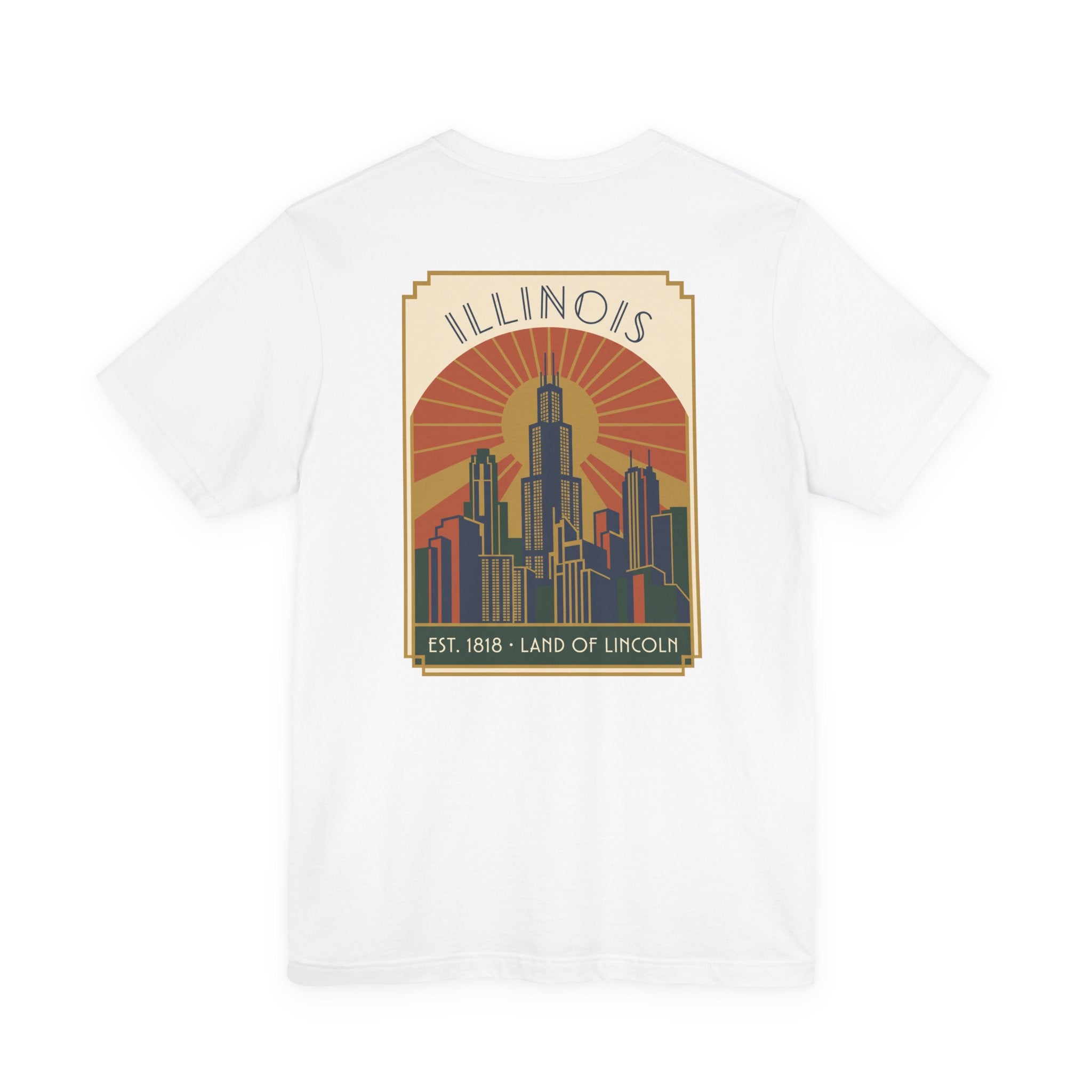 White art deco T-shirt with Illinois skyline graphic and retro sunset badge