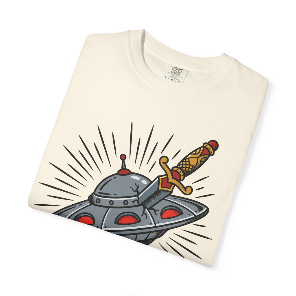 Ivory T-shirt with cartoon UFO and dagger illustration across the front
