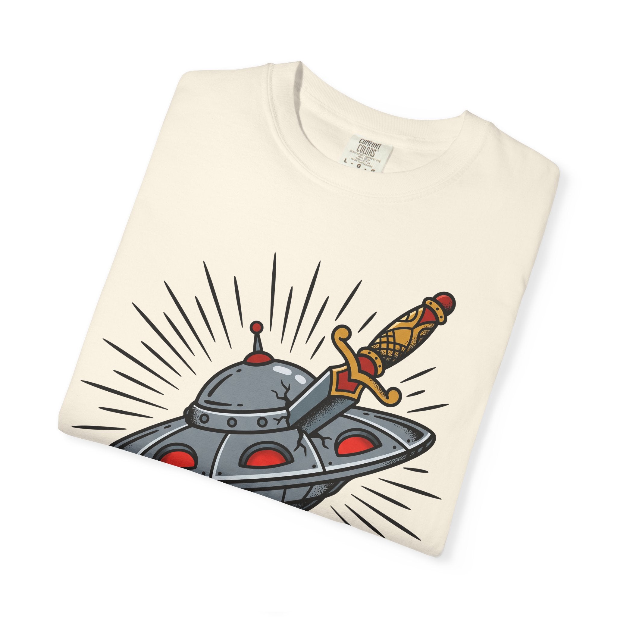 Ivory T-shirt with cartoon UFO and dagger illustration across the front