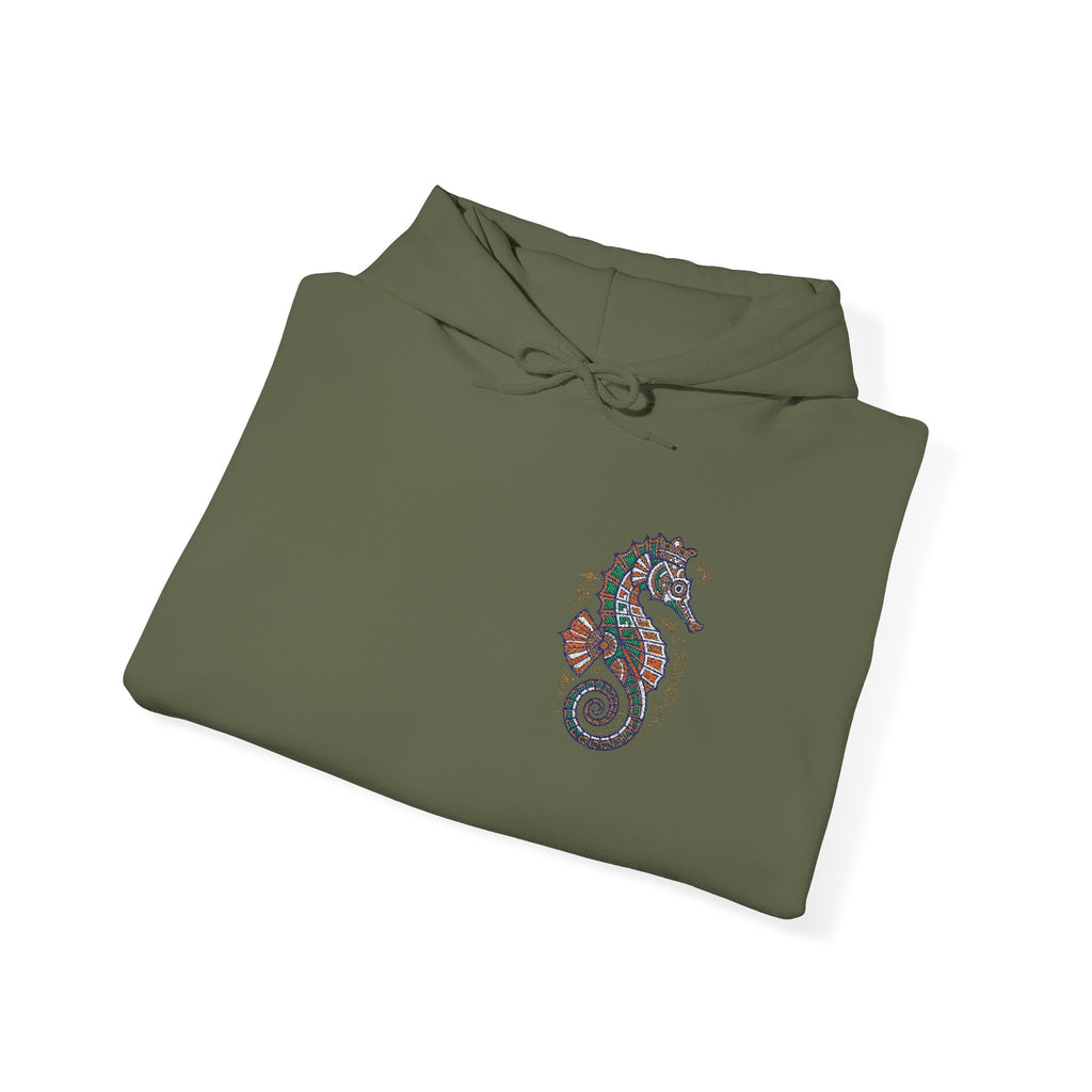 Olive green hoodie sweatshirt with drawstring hood and colorful seahorse graphic on chest