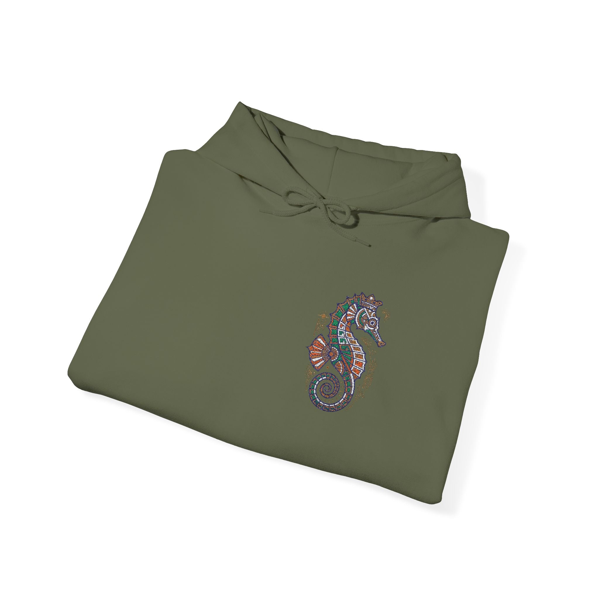 Olive green hoodie sweatshirt with drawstring hood and colorful seahorse graphic on chest