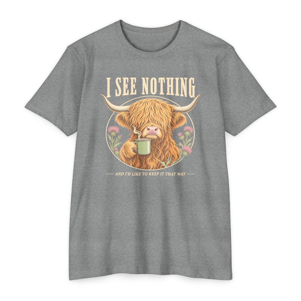 Heather gray short-sleeve graphic T-shirt with Highland cow holding a coffee mug