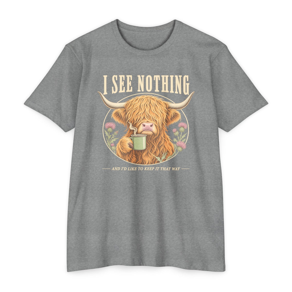 Heather gray short-sleeve graphic T-shirt with Highland cow holding a coffee mug