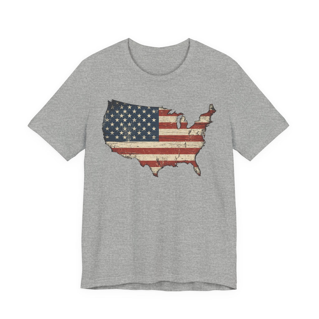 Grey crewneck T-shirt with distressed American flag map graphic