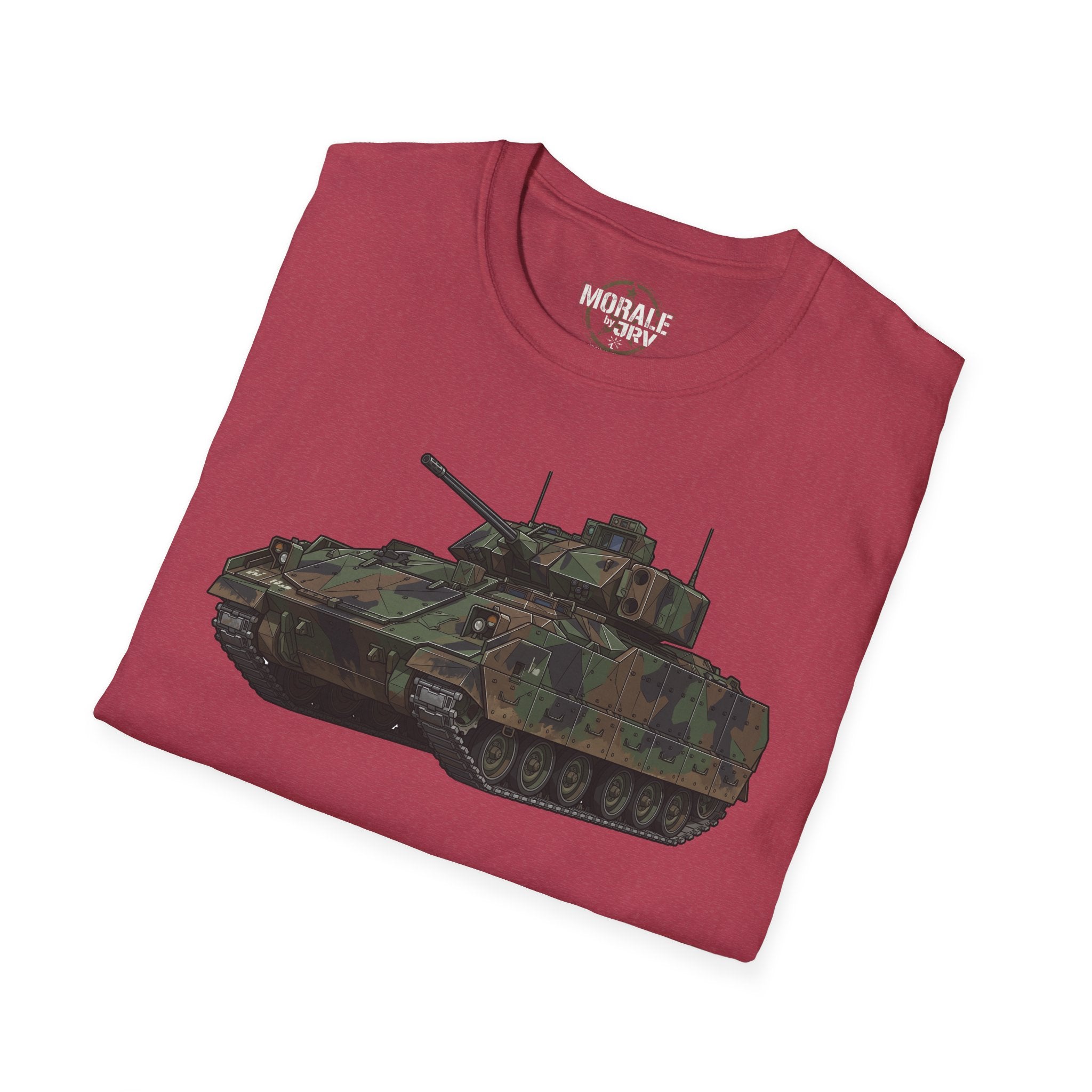 Bradley fighting vehicle camo tank T-shirt with full tank graphic, maroon
